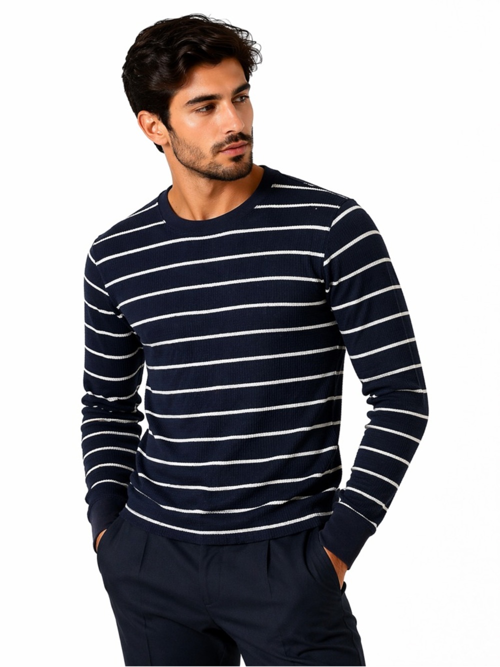 GAP Men's PullOver Crew Neck Long Sleeve Sweater Striped Blue & White Small